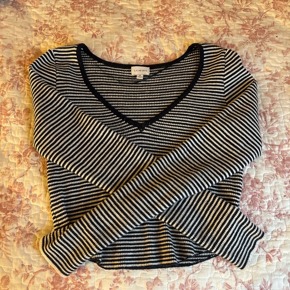 La Hearts Black and White Fitted Ribbed Blouse
